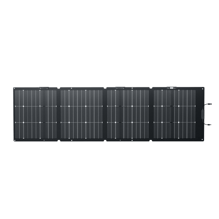 EcoFlow NextGen 220W bifacial solar panel kit for camping and RV, showing the black solar panel with mounting setup.