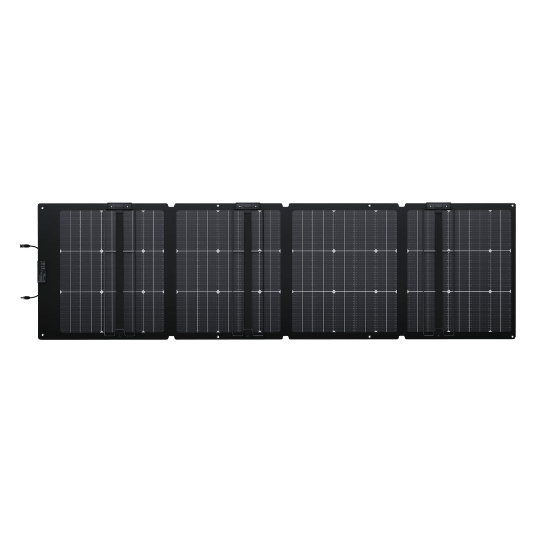 EcoFlow NextGen 220W bifacial solar panel kit for camping and RV use, showing the solar panel with mounting frame and outdoor setup.