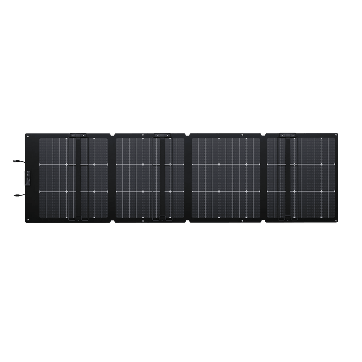 EcoFlow NextGen 220W bifacial solar panel kit for camping and RV use, showing the solar panel with mounting frame and outdoor setup.