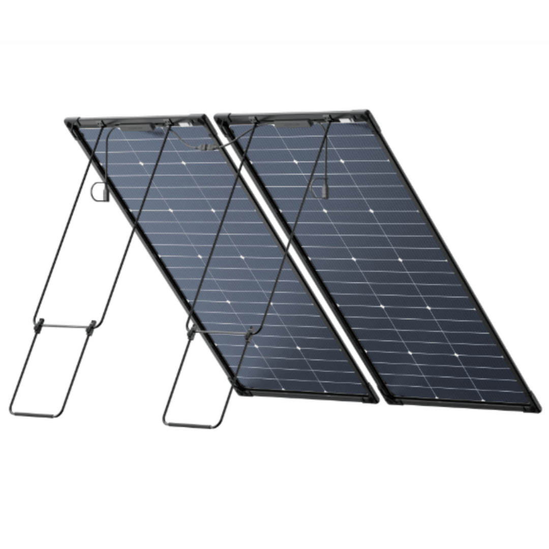 EcoFlow Qty 2 125W bifacial modular solar panels for energy solutions, showing reflective glass and panel structure.