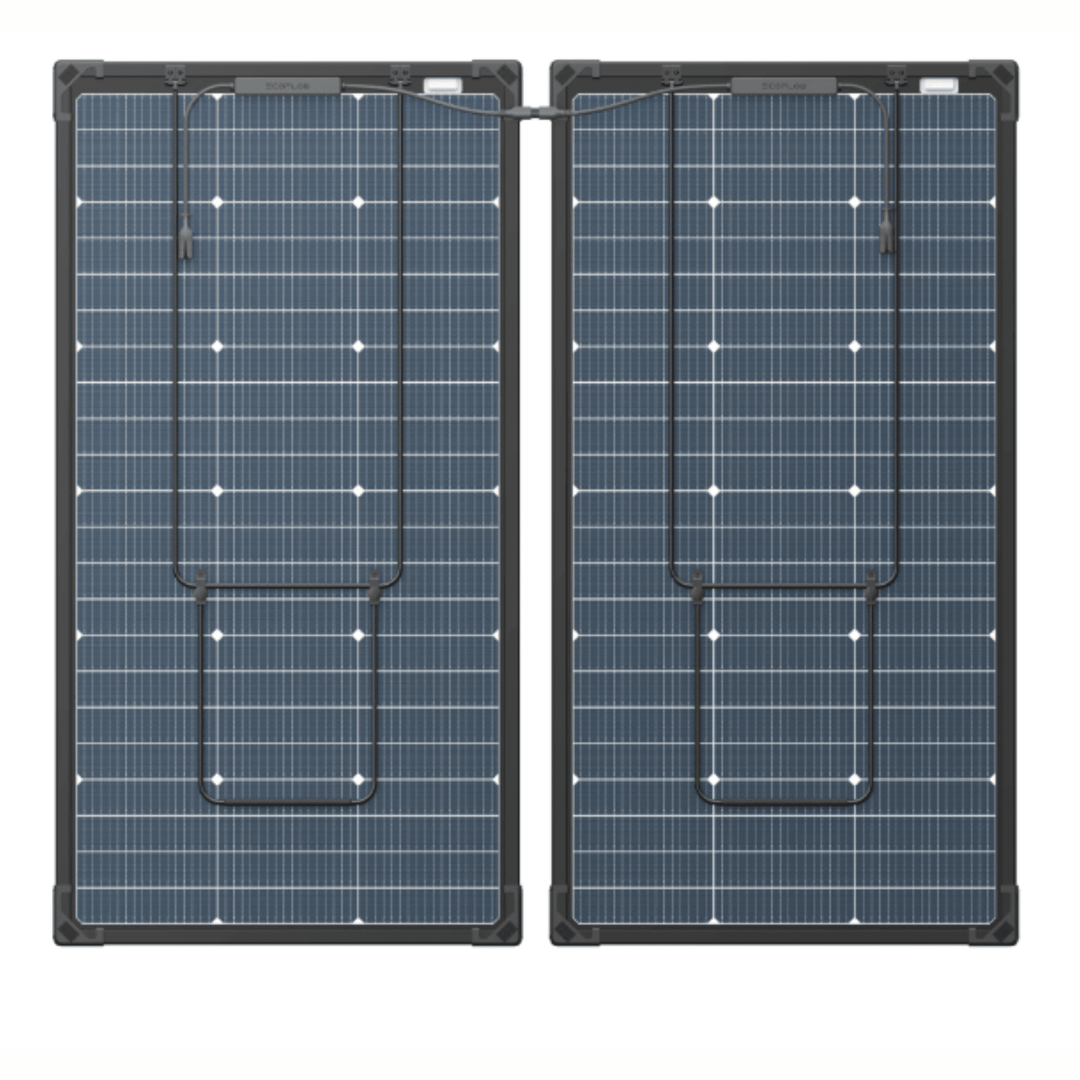 EcoFlow 125W bifacial modular solar panels, two units, showing reflective glass surface and mounting frame for energy solutions.