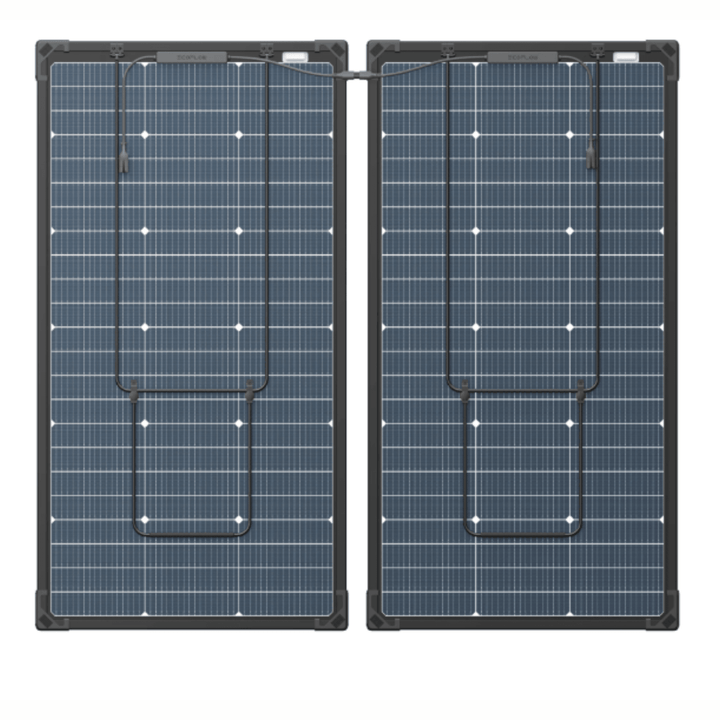 EcoFlow 125W bifacial modular solar panels, two units, showing reflective glass surface and mounting frame for energy solutions.