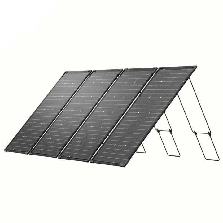 EcoFlow 125W bifacial modular solar panels shown in a set of four, designed for renewable energy solutions and outdoor installation.