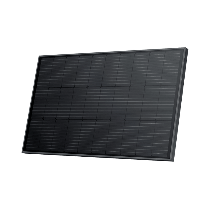 EcoFlow 100W rigid black solar panel, waterproof and high efficiency, standing 2 feet tall for outdoor solar energy use.