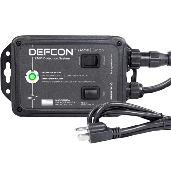 Faraday DEFCON Home Switch wireless signal blocking device inside a black backpack, designed to block signals and enhance security.