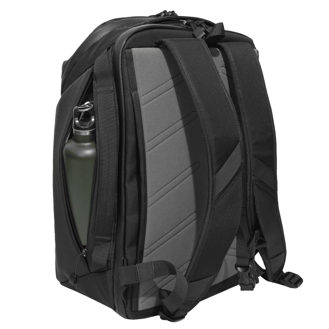 Faraday Backpack made of CORDURA fabric, 35L capacity, no logos, shown with dimensions 13x11x9.75 inches, durable outdoor gear.