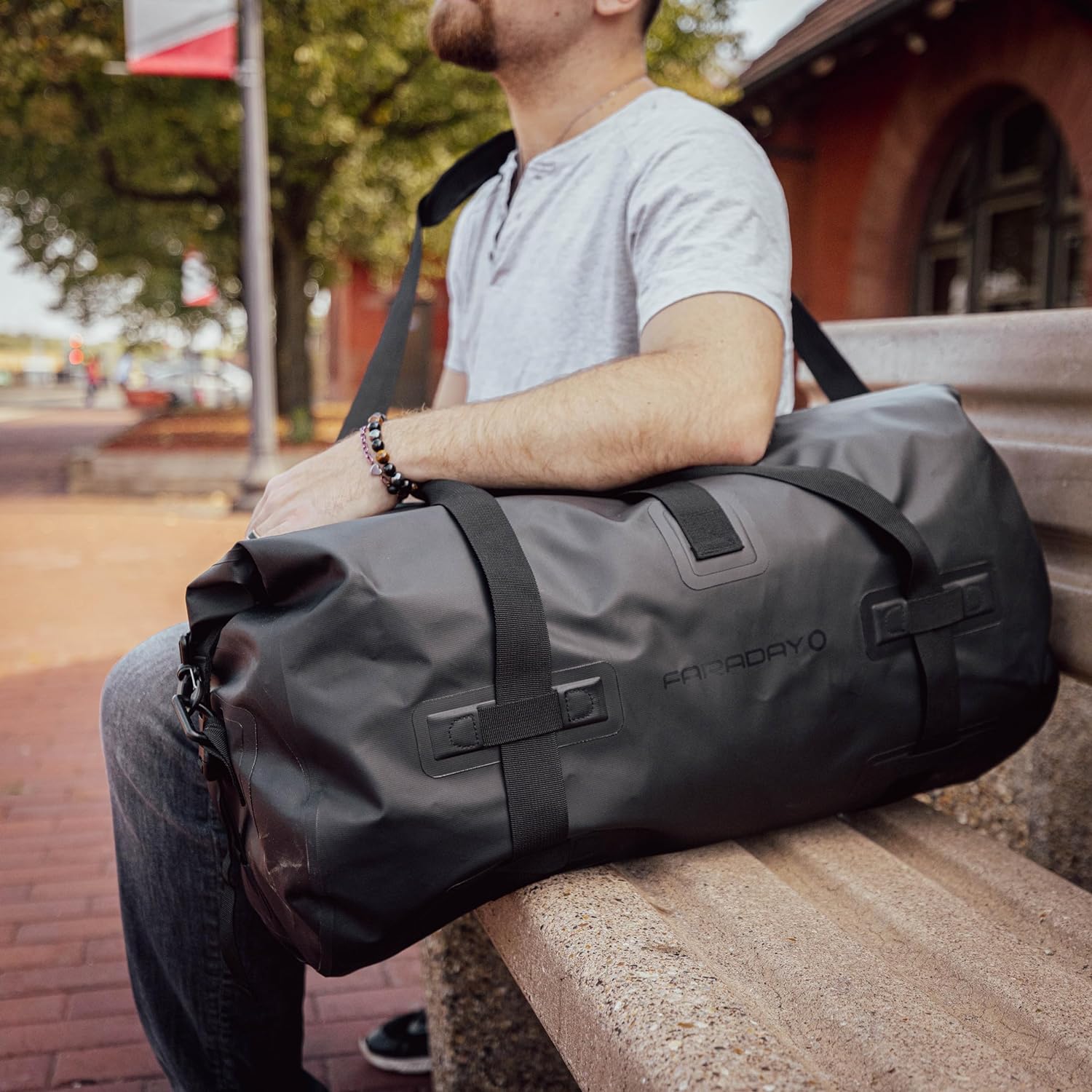 Faraday Dry Duffel Bag in Stealth Black with 55L capacity, EMP and RF/EMF shielding, made by Faraday.