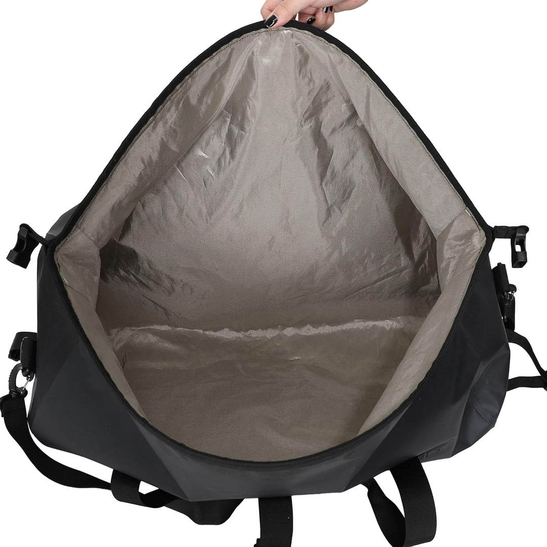 Faraday Dry Duffel Bag in Stealth Black, 55L with EMP and RF/EMF shielding, made by Faraday, shown with closed zipper and sturdy handles.