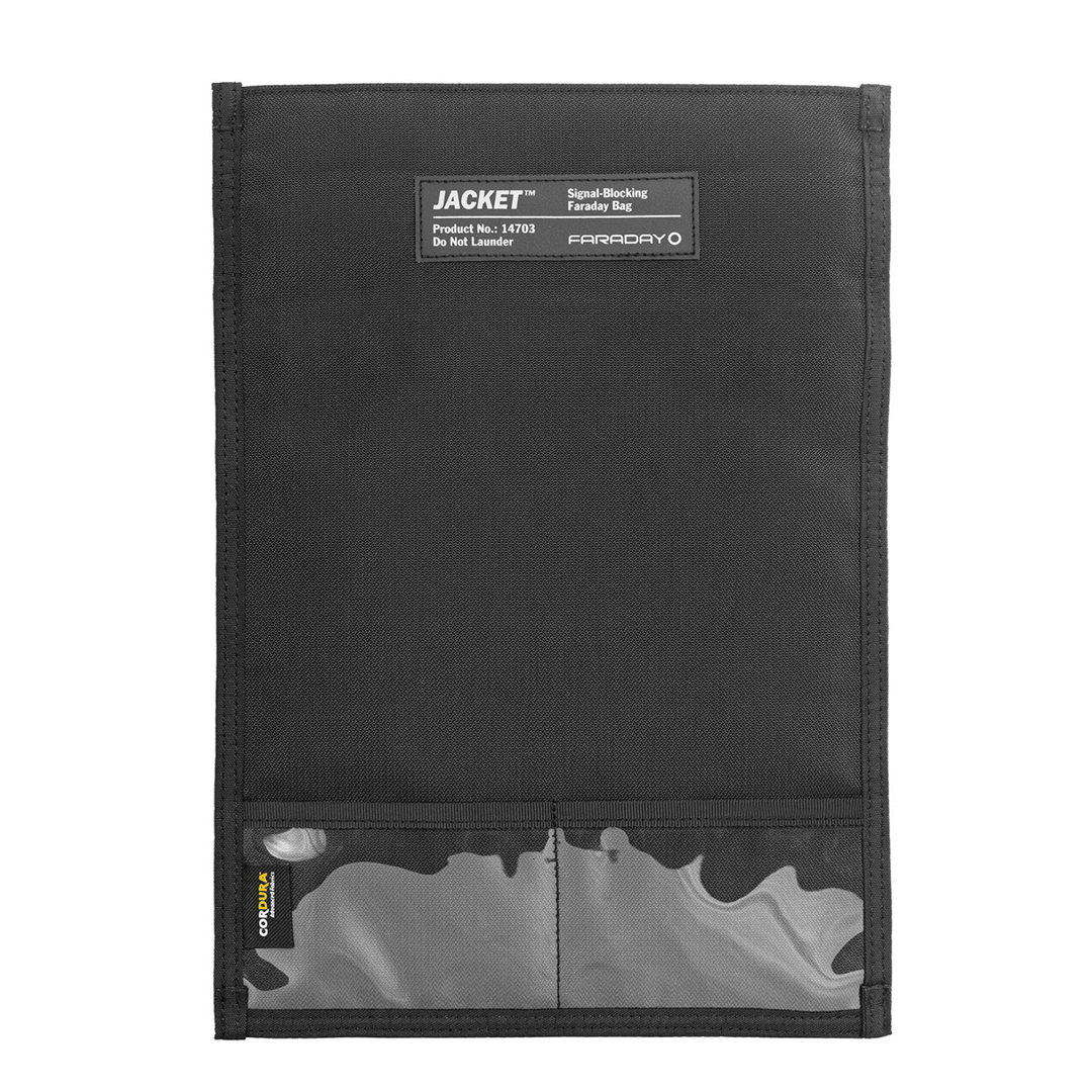 Faraday Jacket Pro Cordura phone and tablet bag with magnetic closure, 9 x 10.5 inches, designed for secure device protection.