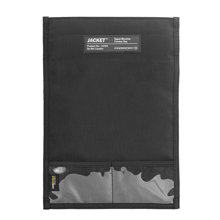 Faraday Jacket Pro Cordura phone and tablet bag with magnetic closure, 9 x 10.5 inches, designed for secure device protection.