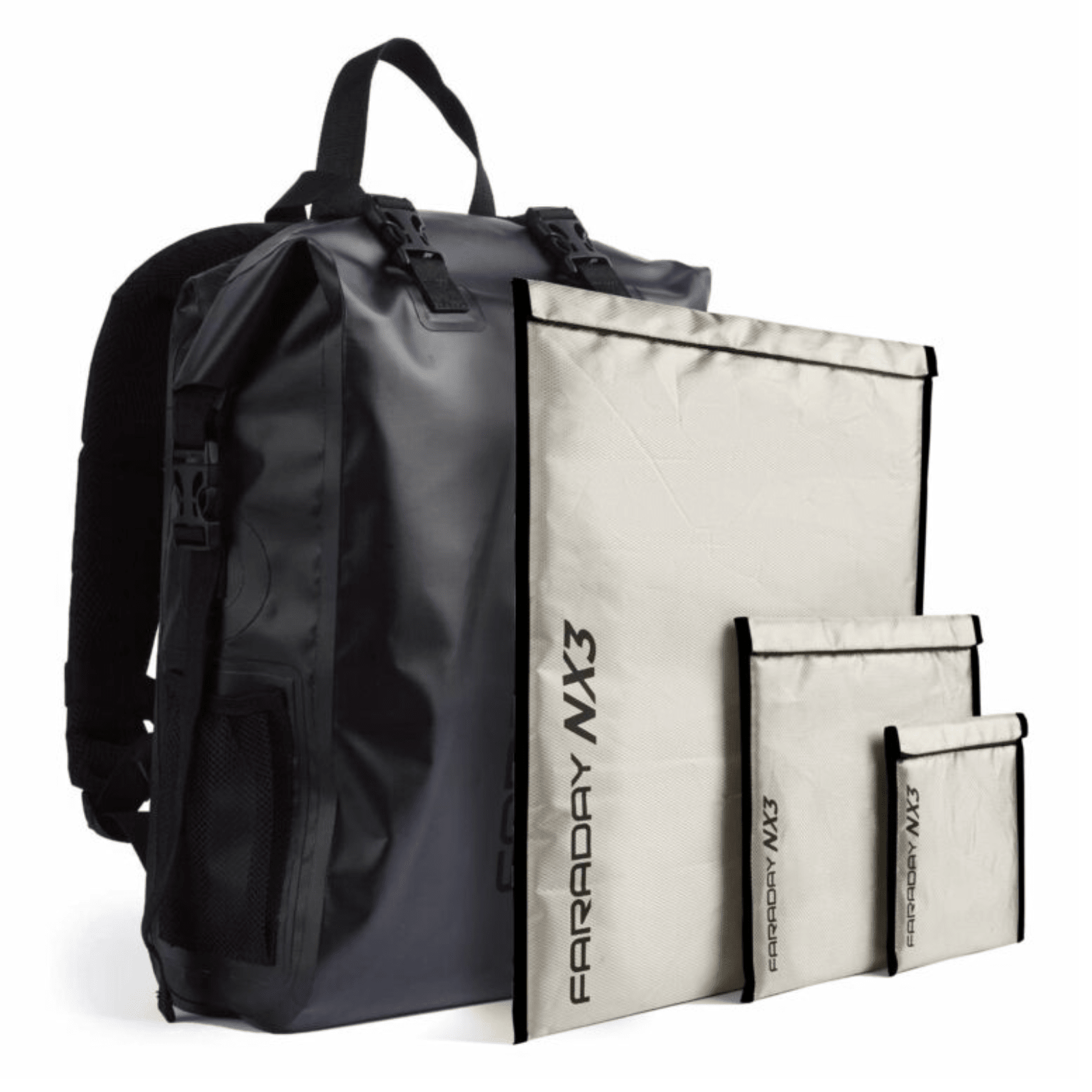 Faraday Dry Bag Backpack with 3 pcs NX3 Kit, waterproof travel bag with shielding storage for electronics and valuables.