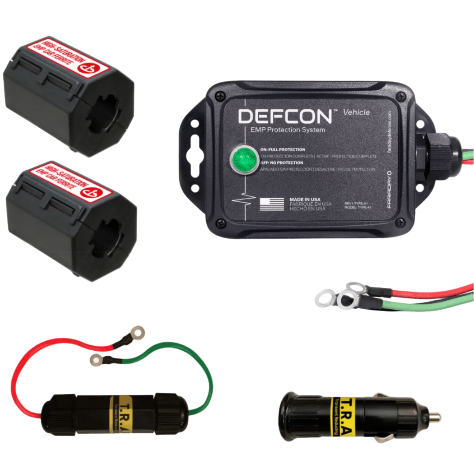 Faraday DEFCON Vehicle Plus EMP protection kit in a car, including shielding components and security accessories by Faraday.
