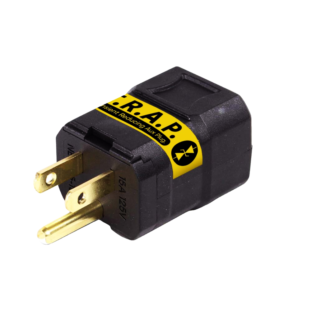 Faraday T.R.A.P AC Transient Voltage Suppression for AC Plug device with yellow label and two prongs.