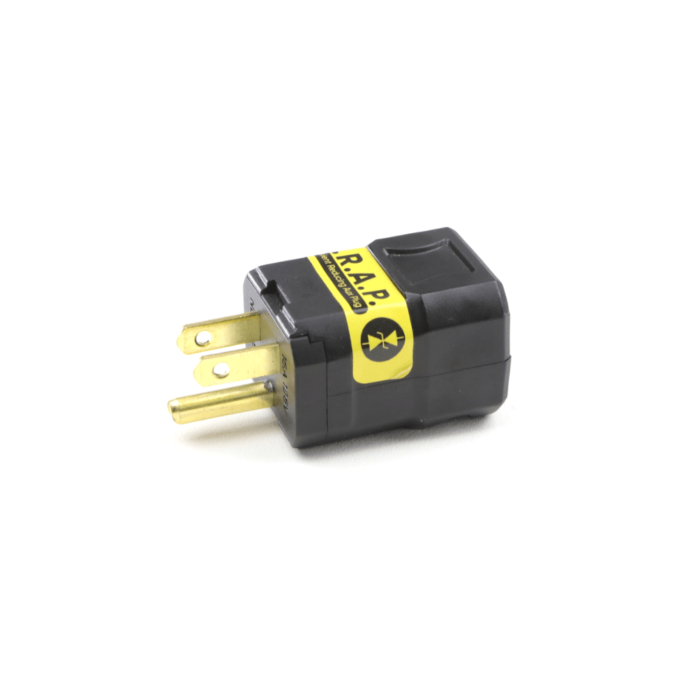 Faraday T.R.A.P AC transient voltage suppression device attached to an electrical plug for surge protection.
