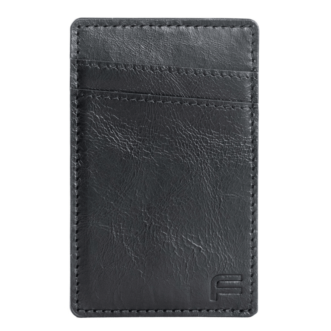 Faraday Cell Phone Companion Wallet leather RFID card holder, slim and compact wallet for cards and cash, black leather finish.