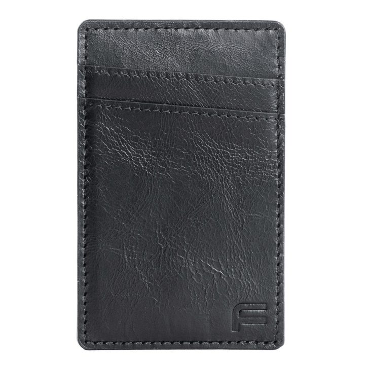 Faraday Cell Phone Companion Wallet leather RFID card holder, slim and compact wallet for cards and cash, black leather finish.