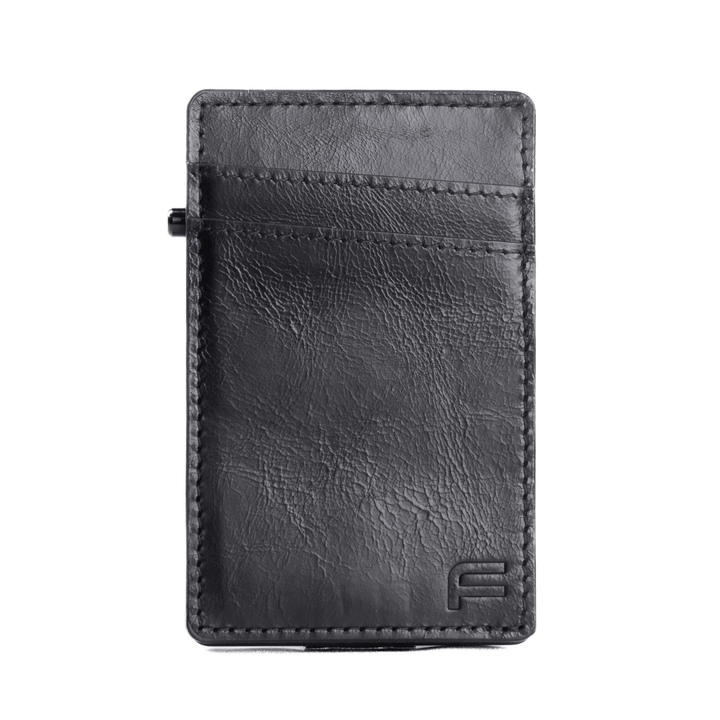 Faraday leather RFID slim wallet with two card slots, designed for compact storage and secure card protection.