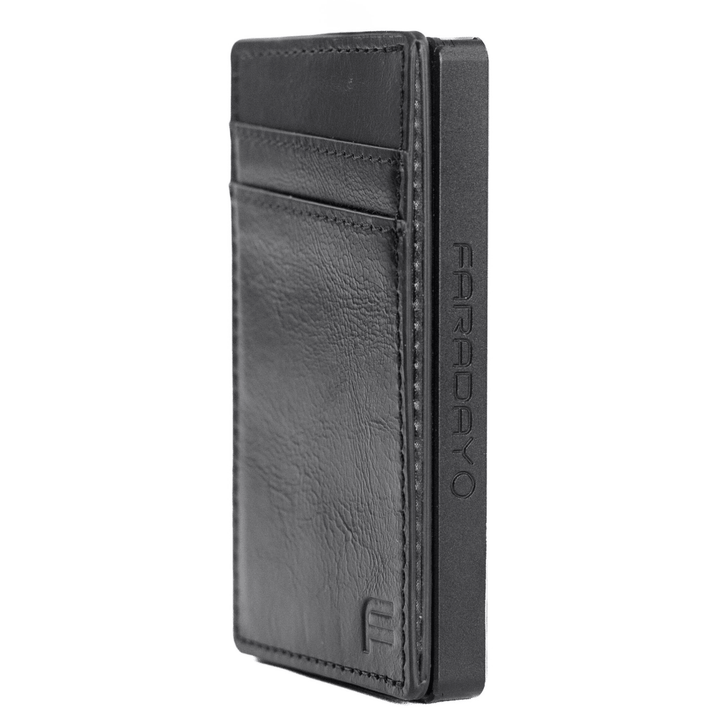 Faraday leather RFID slim wallet with 2 card slots, compact companion wallet designed for secure card storage.