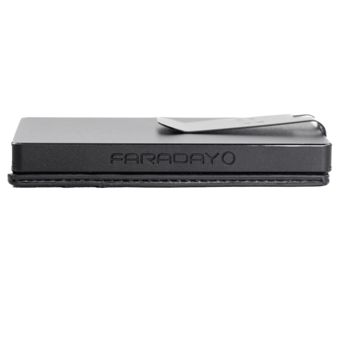 Faraday leather RFID slim wallet with two card slots, designed for compact storage and secure card protection.