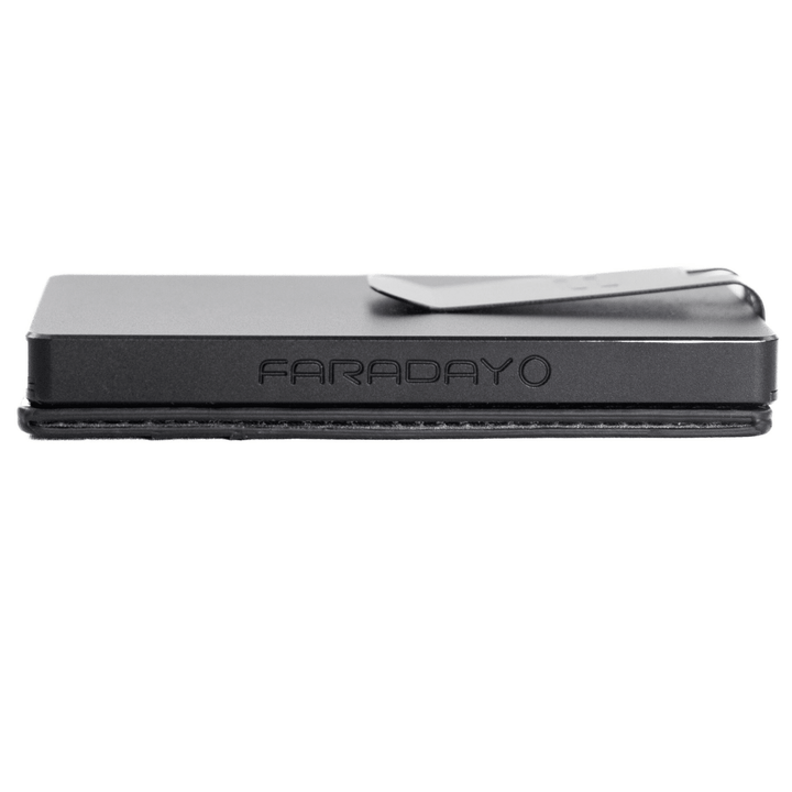 Faraday leather RFID slim wallet with two card slots, designed for compact storage and secure card protection.