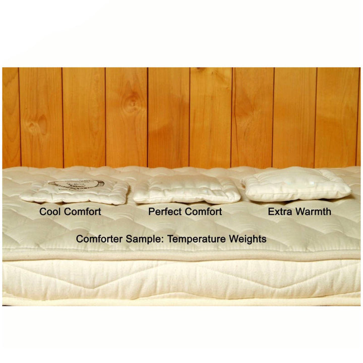 Holy Lamb Organic Wool Comforter in twin size, light weight, 68x86 inches, showing soft, natural wool filling and breathable fabric.