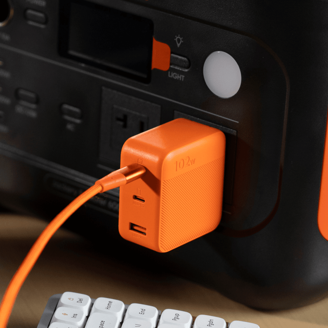 Jackery 102W GaN 3-Port Fast Charger with USB-C and USB-A ports, compact design for fast device charging