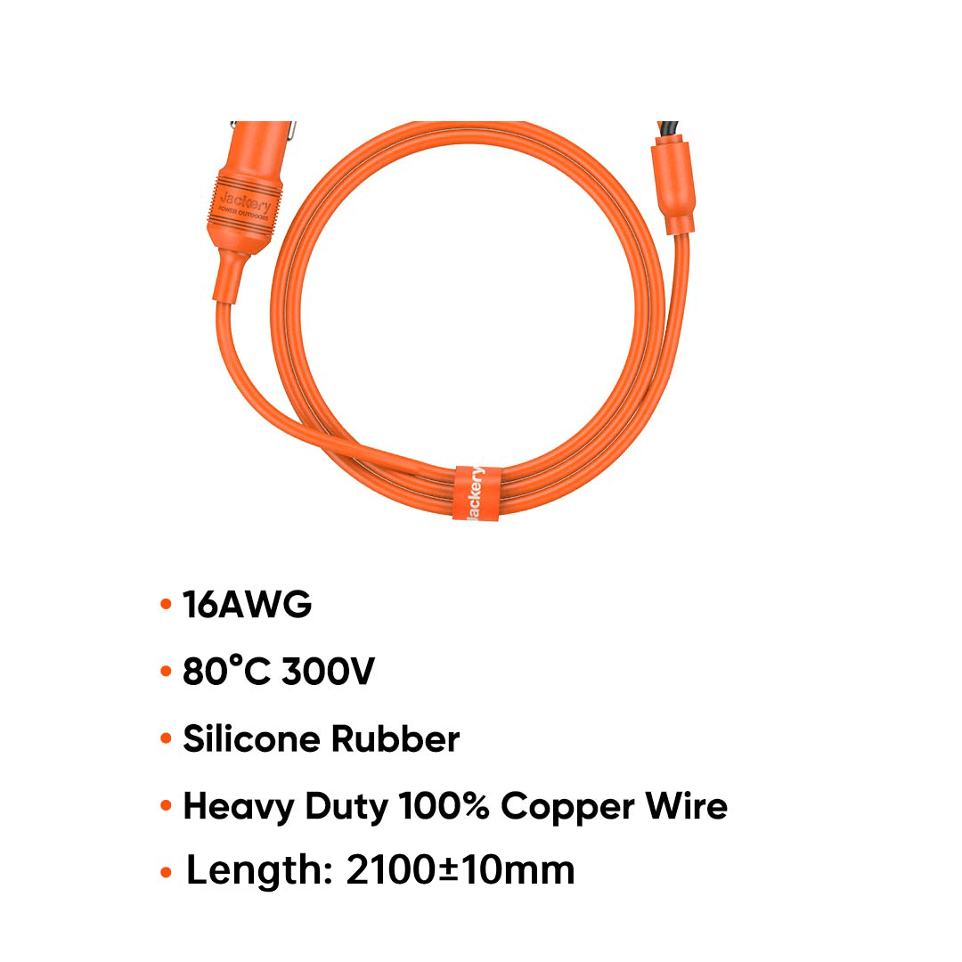 Jackery 12 Volt automobile battery charging cable, durable charging cable for car batteries with brand logo visible.