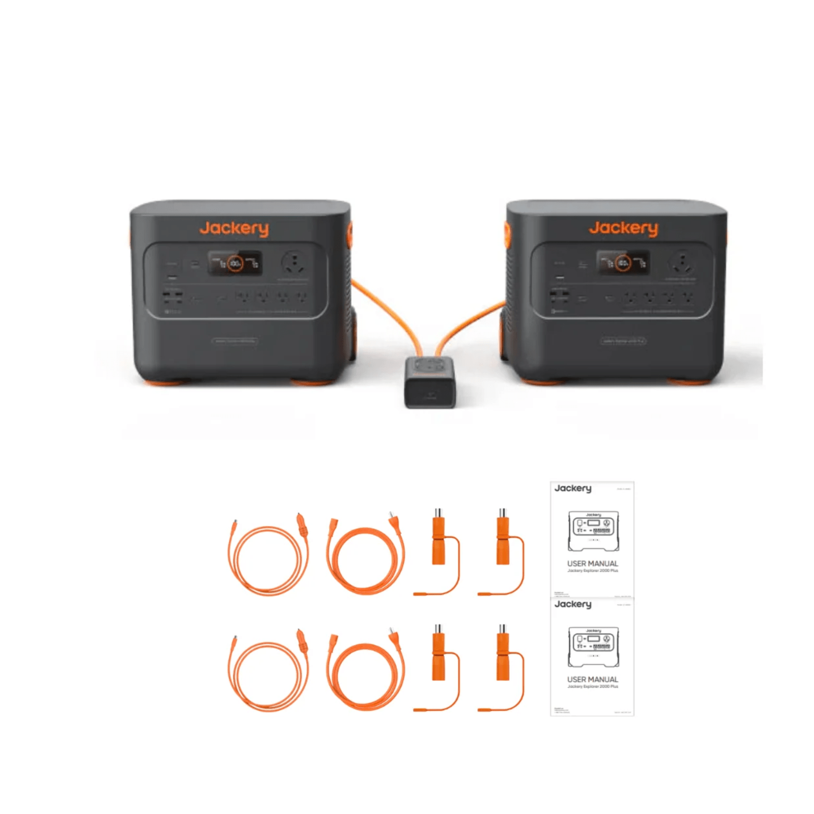 Jackery Explorer 2000 Plus portable power station kit with 4kWh capacity and connecting cables, designed for reliable outdoor power.