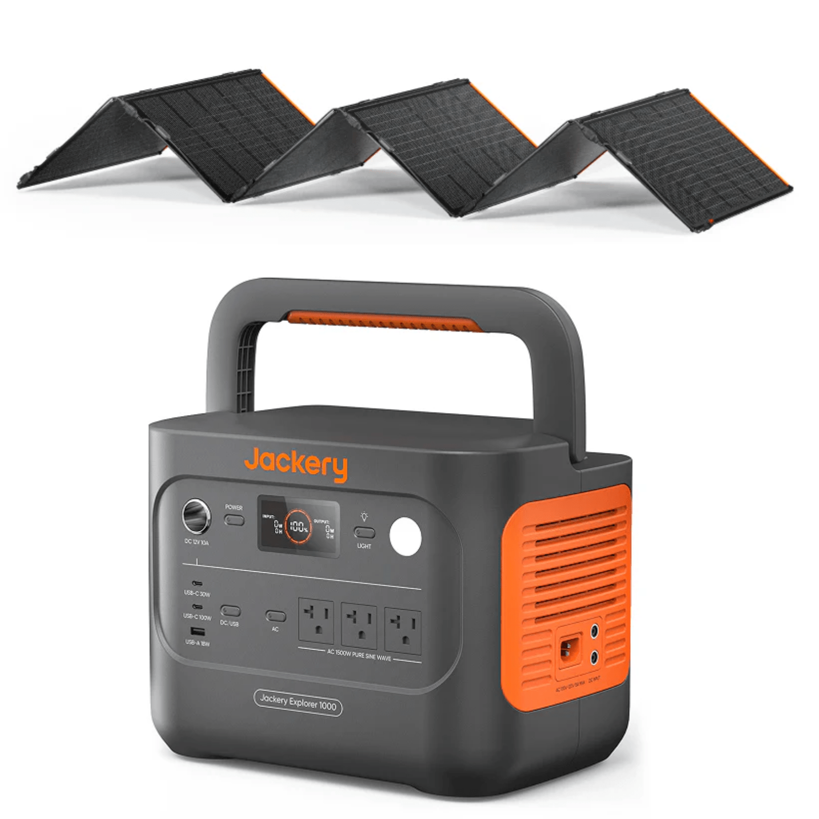 Jackery E1000v2 portable power station with 1070Wh capacity and six SolarSaga 85 solar panels in a natural outdoor setting