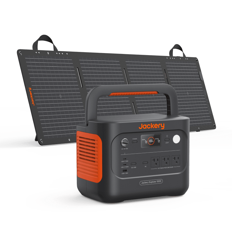Jackery Explorer 1000 v2 portable power station with SolarSaga 100 solar panel, 1070Wh capacity, for outdoor and emergency use.