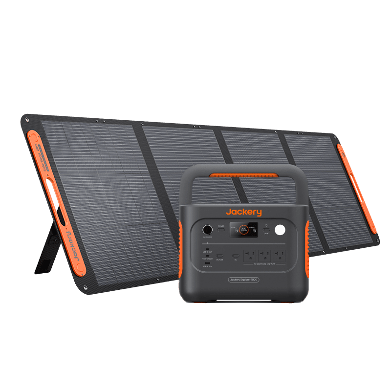 Jackery Explorer 1000 V2 portable power station with SolarSaga 200W solar panel, showing the device and solar panel setup.