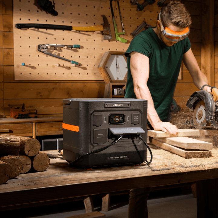 Jackery Explorer 1500 portable power station with 1536Wh capacity and solar input, black and compact for outdoor use