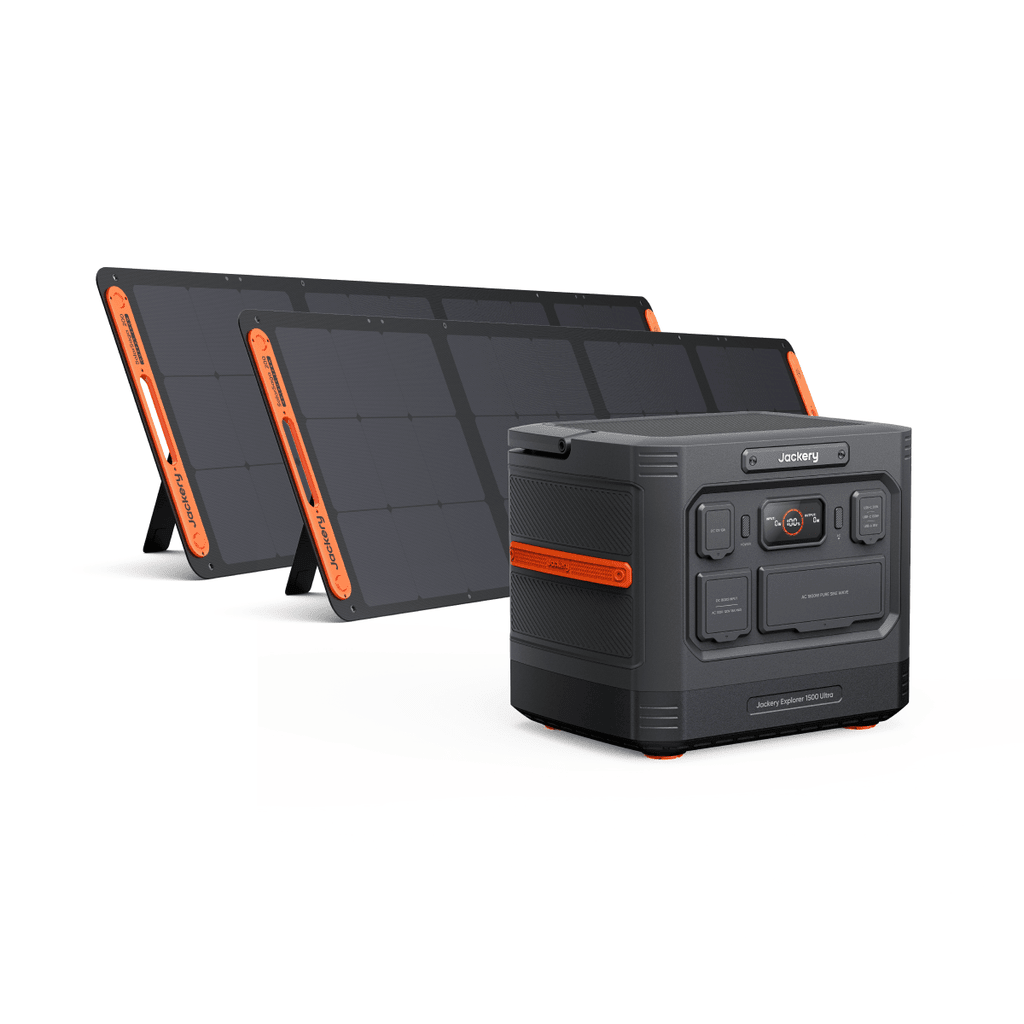 Jackery Explorer 1500 Ultra Power Station with 1536Wh capacity and two 200W SolarSaga solar panels for portable energy.