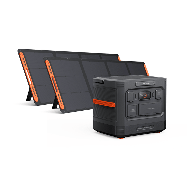 Jackery Explorer 1500 Ultra Power Station with 1536Wh capacity and two 200W SolarSaga solar panels for portable energy.