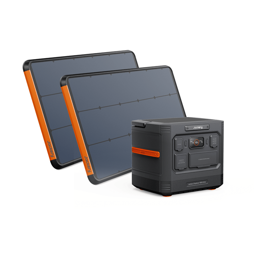 Jackery Explorer 1500 Ultra Power Station with 1536Wh capacity and two SolarSaga 200W solar panels for portable renewable energy.