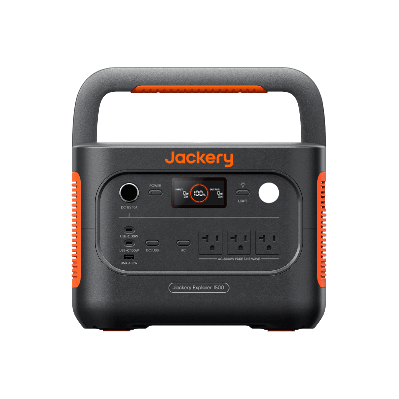 Jackery Explorer 1500 V2 portable power station with 1536Wh capacity and two 100W solar panels for renewable energy.
