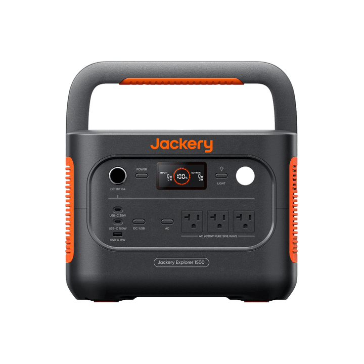 Jackery Explorer 1500 V2 portable power station with 1536Wh capacity and two 100W solar panels for renewable energy.