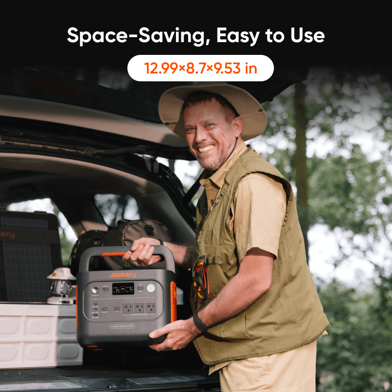 Jackery Explorer 1500 v2 portable power station with 1536Wh capacity and two 100W solar panels for outdoor energy.