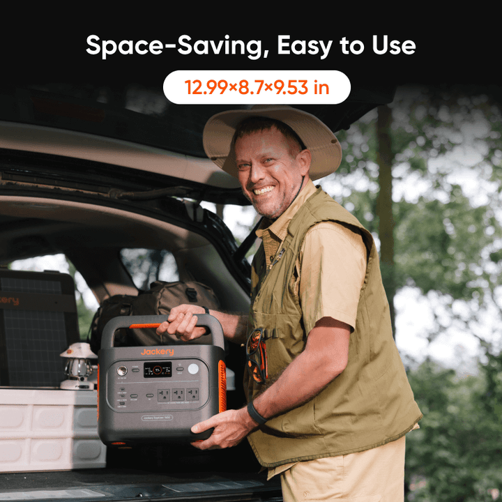 Jackery Explorer 1500 v2 portable power station with 1536Wh capacity and two 100W solar panels for outdoor energy.
