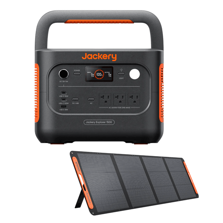 Jackery Explorer 1500 v2 portable power station with 1536Wh capacity next to a 200W solar panel, ready for outdoor power needs.