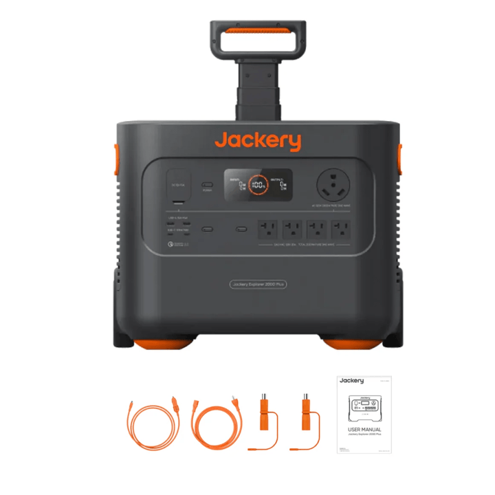 Jackery Explorer 2000 Plus portable power station with 2042.8Wh capacity and 1400W solar input, black with digital display