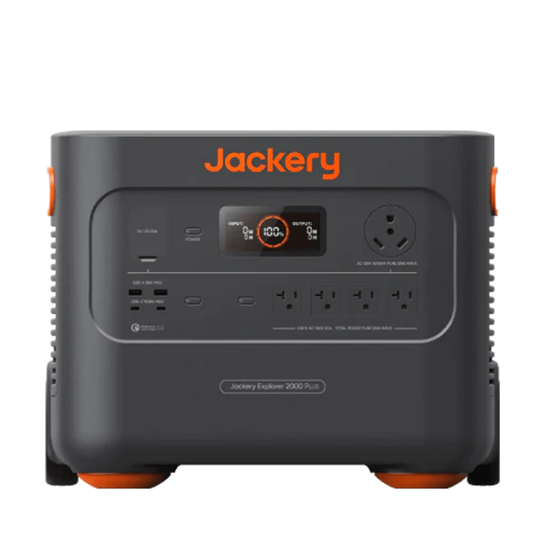 Jackery Explorer 2000 Plus portable power station with 2042.8Wh capacity and 1400W solar input, black device with control panel.