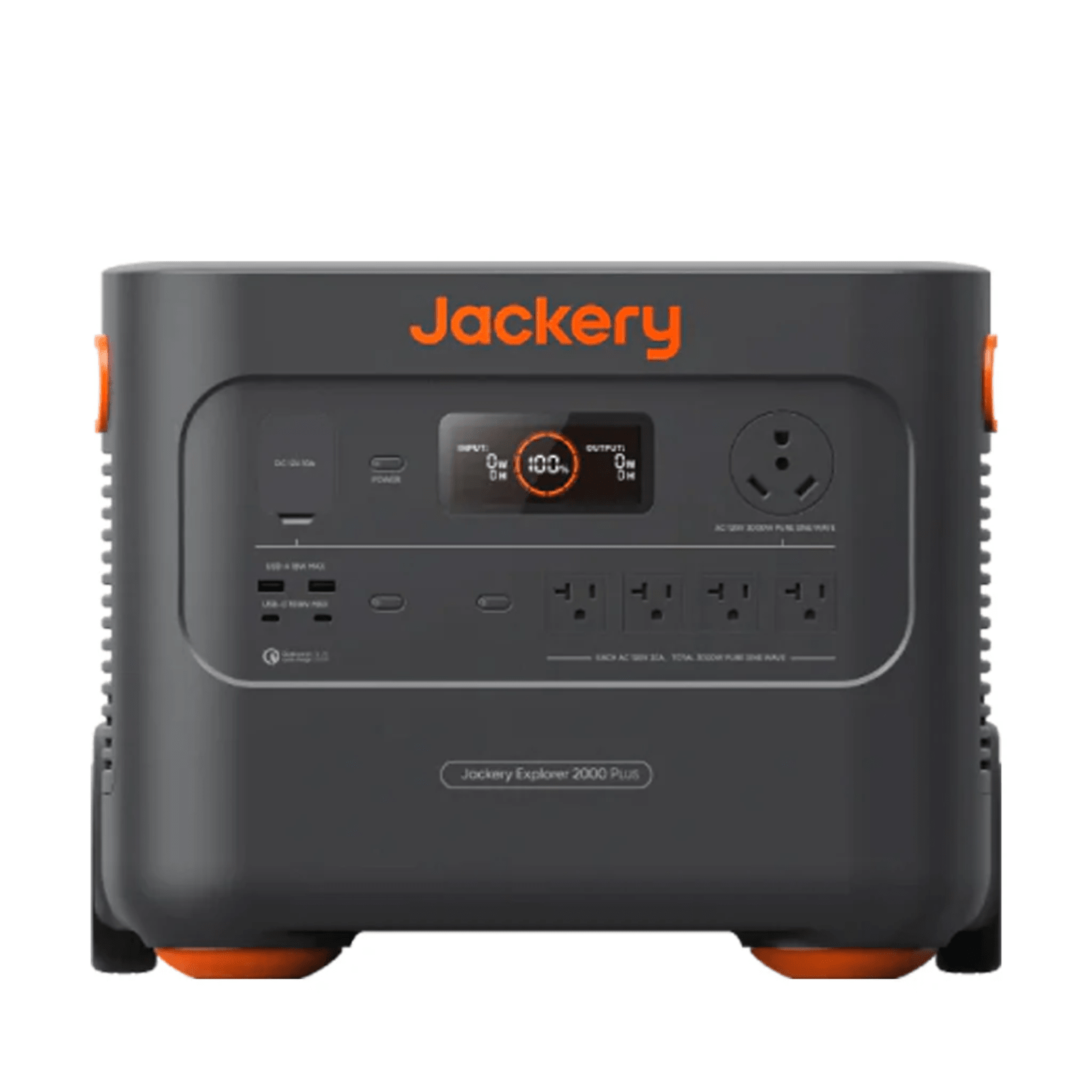 Jackery Explorer 2000 Plus portable power station with 2042.8Wh capacity and 1400W solar input, black device with control panel.