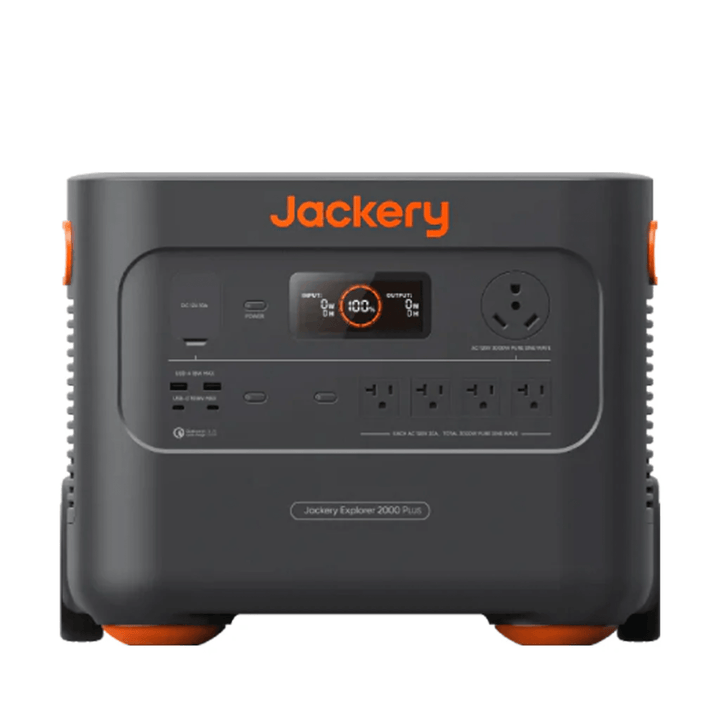Jackery Explorer 2000 Plus portable power station with 2042.8Wh capacity and 1400W solar input, black device with control panel.