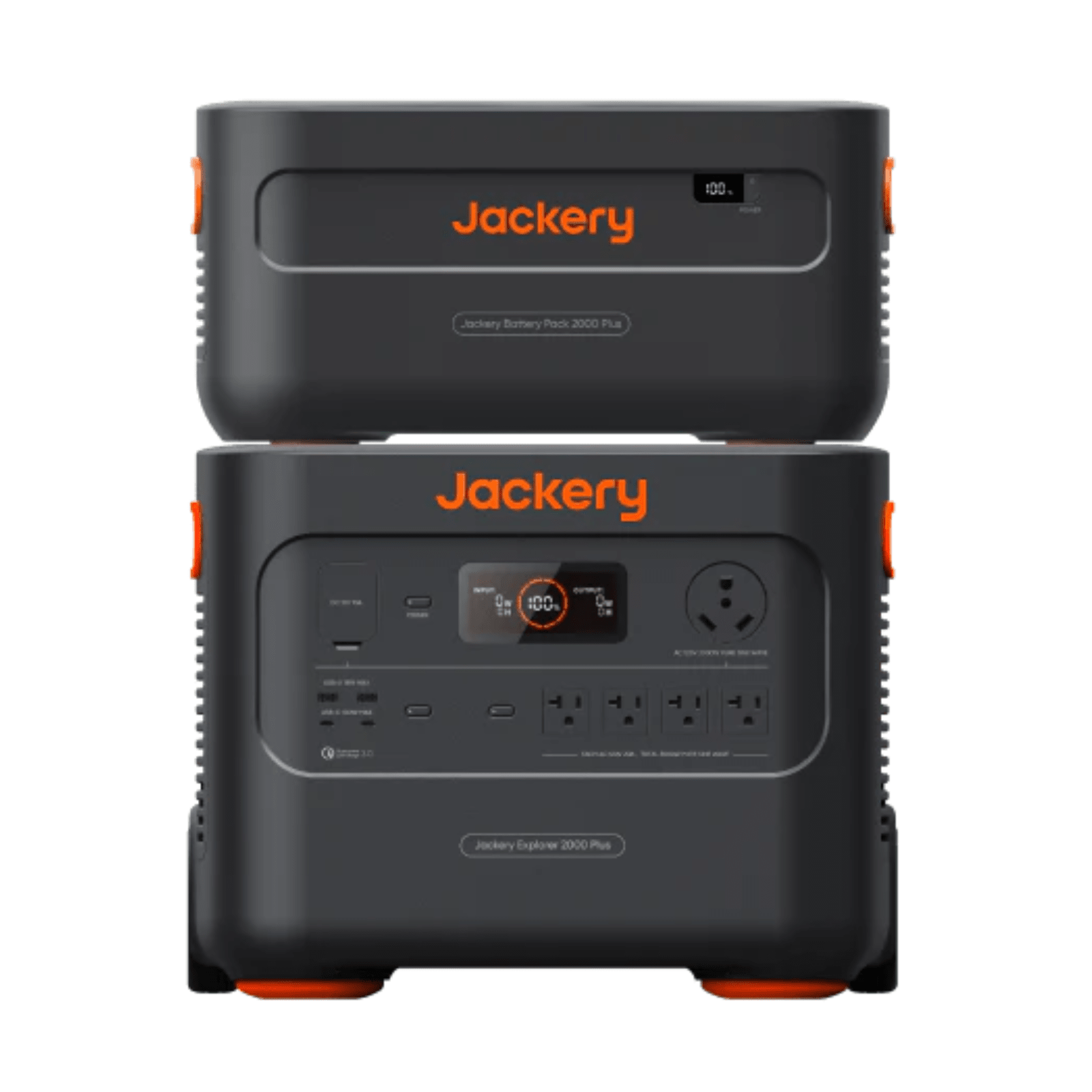 Jackery Explorer 2000 Plus portable power station with one E2000Plus battery, showing multiple charging ports and digital display.