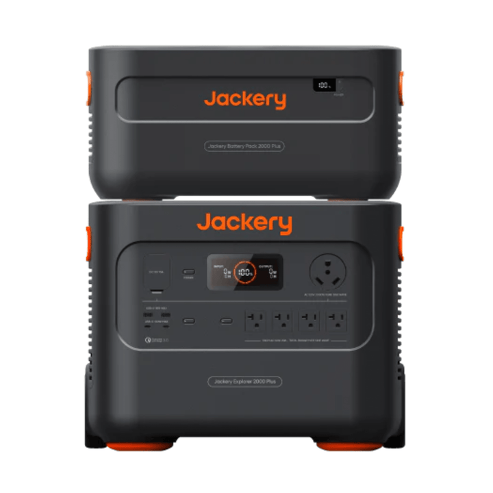 Jackery Explorer 2000 Plus portable power station with one E2000Plus battery, showing multiple charging ports and digital display.