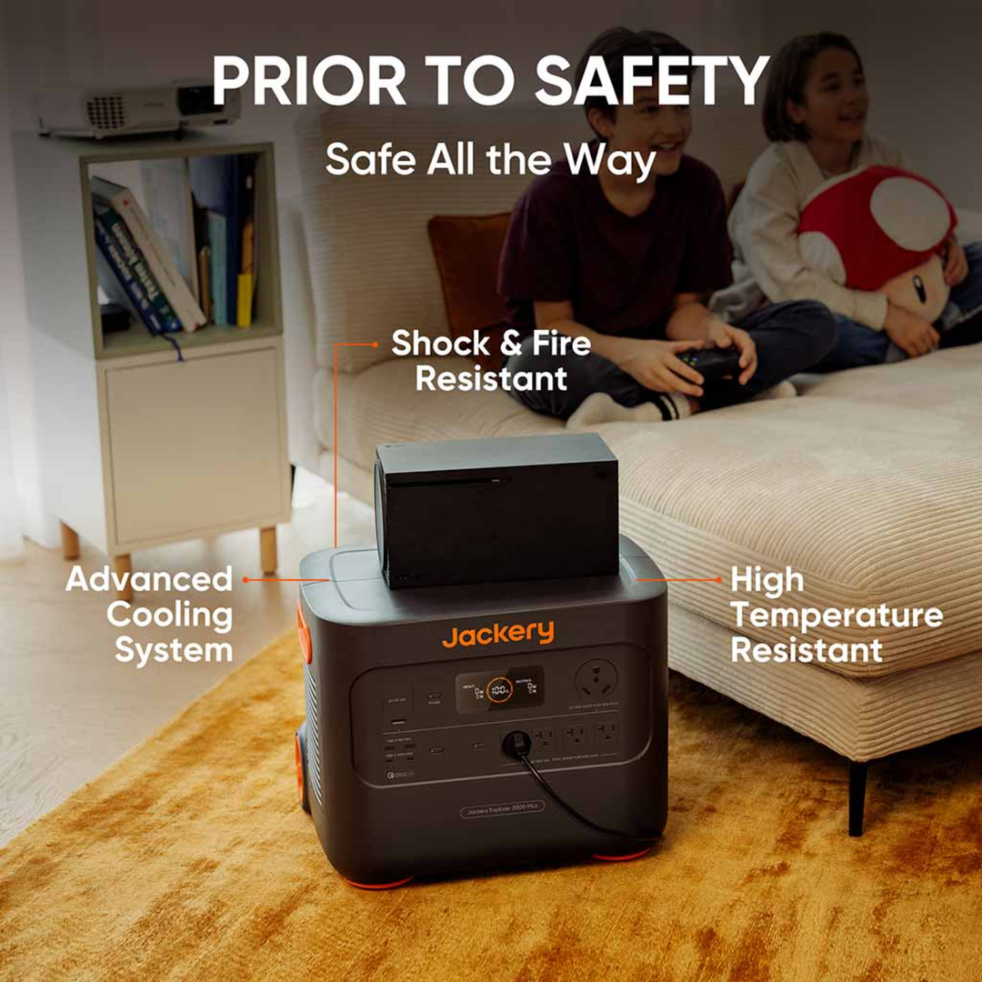 Jackery Explorer 2000 Plus portable power station with two E2000Plus batteries, outdoor energy supply, and multiple charging ports.