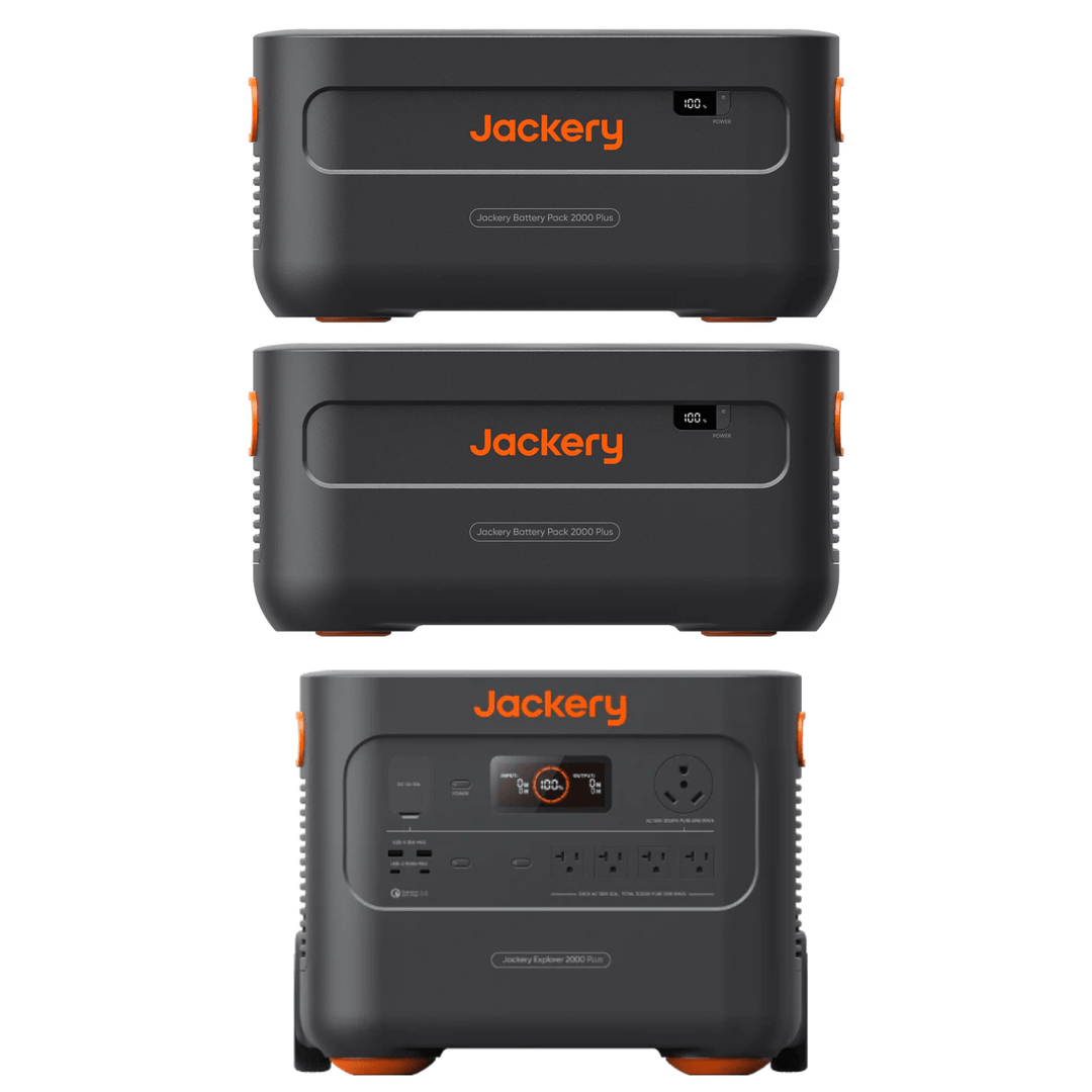 Jackery Explorer 2000 Plus portable power station with two E2000Plus batteries, showing the compact design and multiple output ports.
