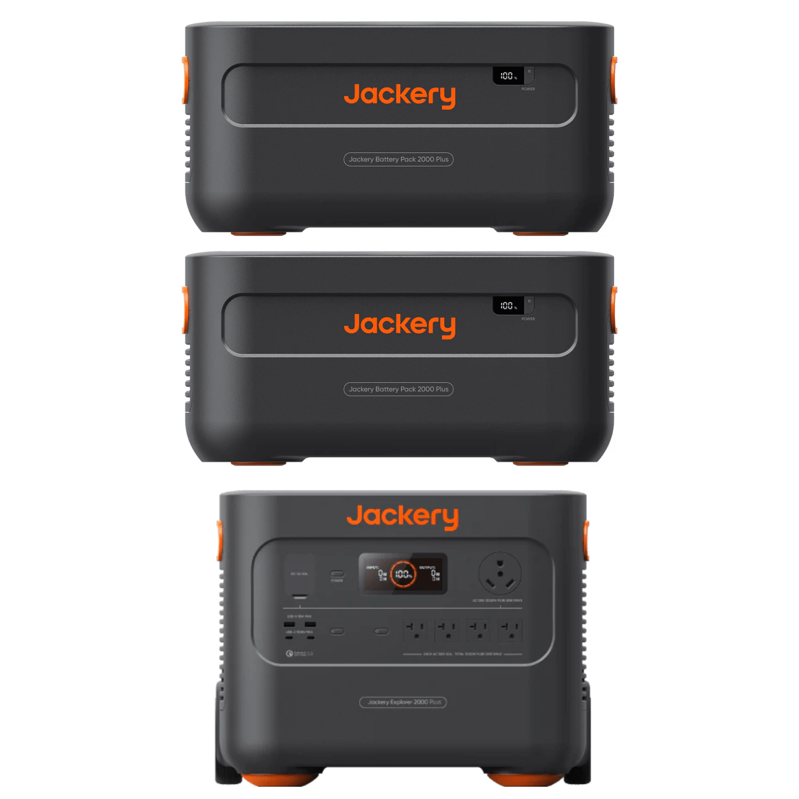 Jackery Explorer 2000 Plus portable power station with two E2000Plus batteries, showing the compact design and multiple output ports.