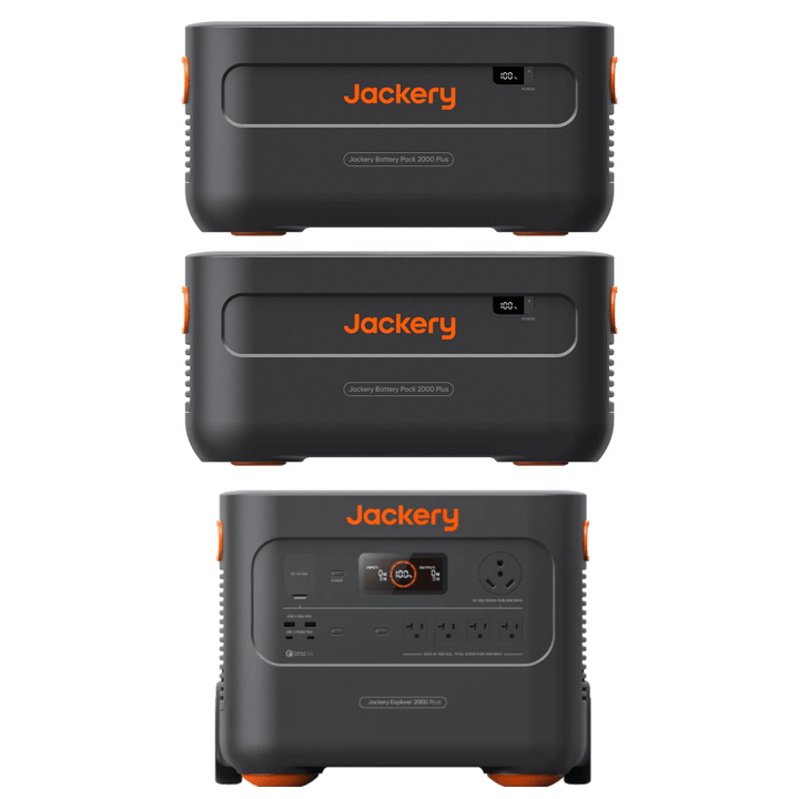Jackery Explorer 2000 Plus portable power station with two E2000Plus batteries, showing the compact design and multiple output ports.